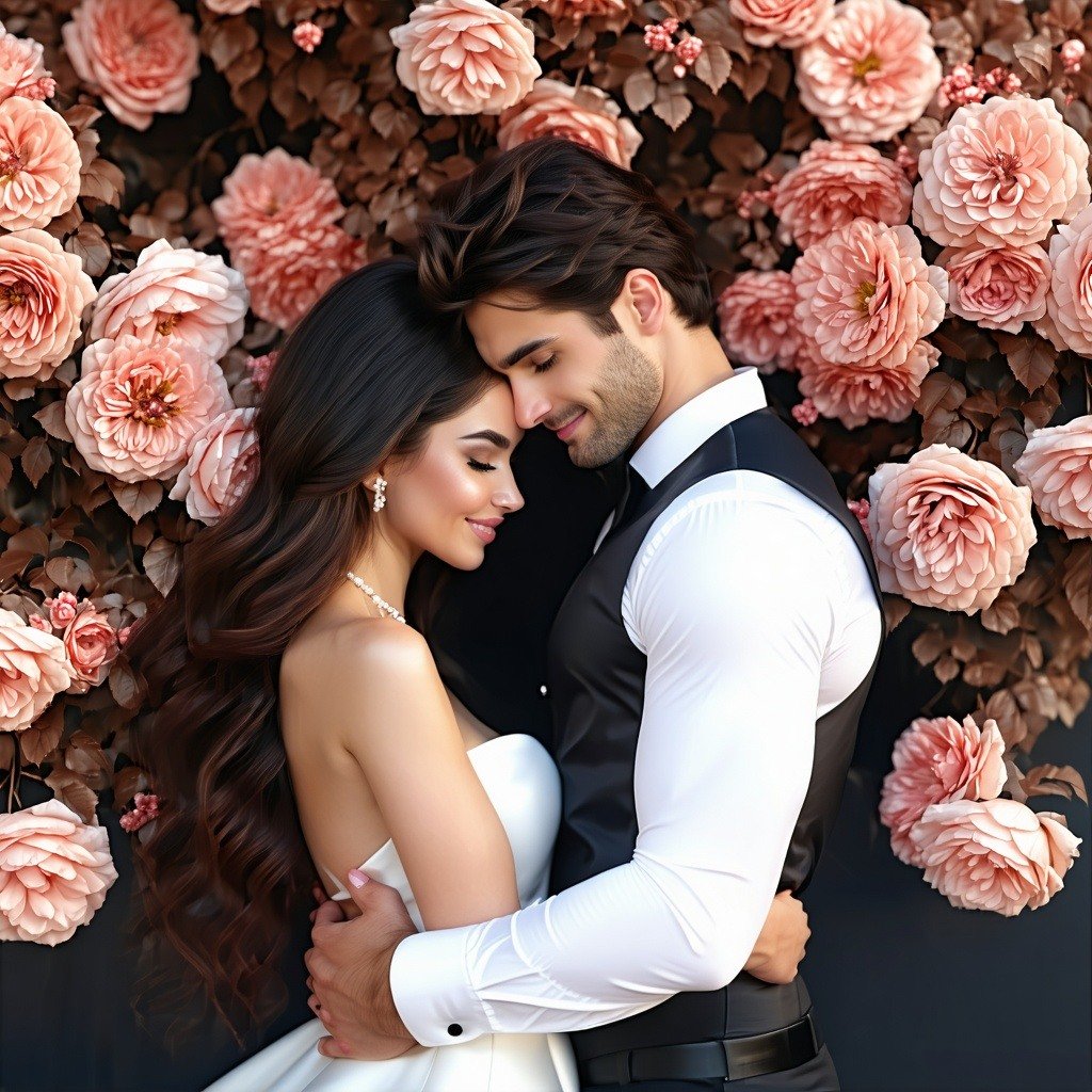 A man and a woman embracing lovingly with rose gold flowers in the background-1 A man and a woman embracing lovingly with rose gold flowers in the background-1
